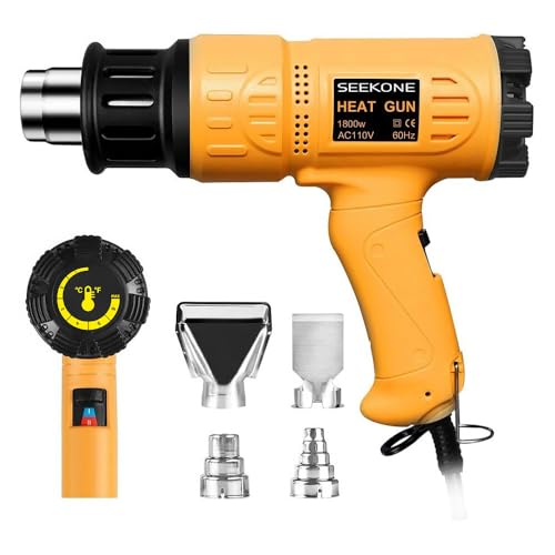 SEEKONE Heat Gun 1800W 122℉-1202℉（50℃- 650℃）Fast Heating Heavy Duty Hot Air Gun Kit Variable Temperature Control Overheat Protection with 4 Nozzles for Crafts, Shrinking PVC, Stripping Paint(5.2FT)