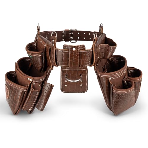 STRONGLAD Leather Carpenter Tool Belt – 21-Pocket Brown-Red Crocodile-Embossed Top-Grain Leather Framing Tool Belt for Men | Heavy-Duty Construction Gear with Stainless Steel Hardware