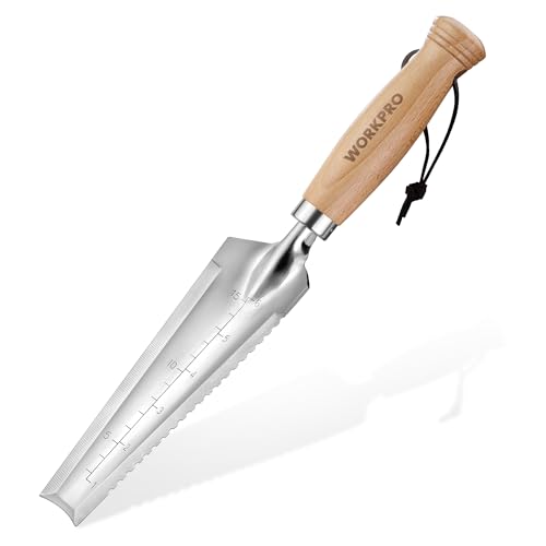 WORKPRO Garden Trowel with Wood Handle, Stainless Steel Narrow Hand Shovel, Multi- Use Flat Garden Trowel for Planting, Weeding, Transplanting, Digging, Small Weeding Knife for Gardening
