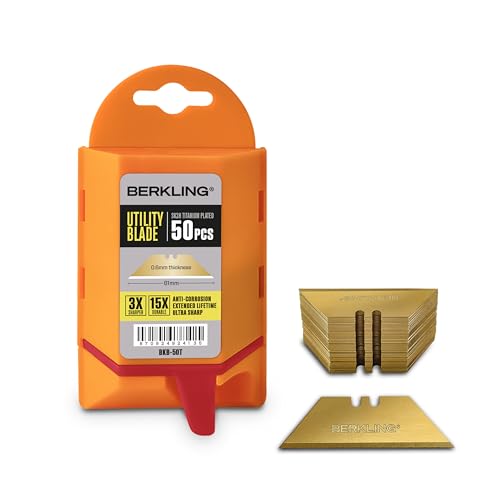 Berkling Utility Knife Blades Titanium Plated 50 PCS With Dispenser, SK2H Laser Sharpened Hardened, Ultra 3X Sharper and 15X More Durable, Standard T-Shape Replacement Box Cutter Razor Blades