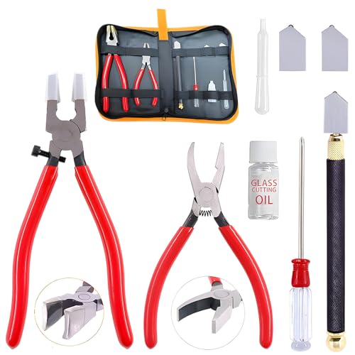 Glass Cutting Tool Set Kit,Premium Glass Running Breaking Pliers and Glass Cutter Kit, Heavy Duty Glass Cutting Tool with Rubber Tip, Work Great for Stained Glass, Mosaics, Fusing, Breaking