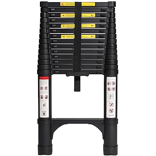 BOCOM 14.5 FT Aluminum Telescoping Ladder, Lightweight Multi-Purpose Collapsible Extension with 2 Triangle Stabilizers, Heavy Duty 330 lbs Max Capacity, Ideal for Home, RV, and Outdoor Work Black