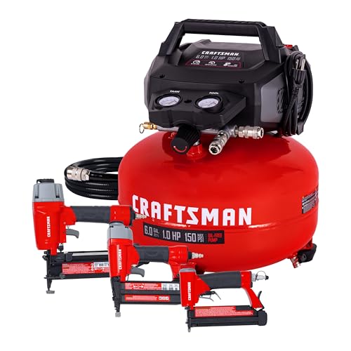 Craftsman 6-Gallon Pancake Air Compressor 4-Tool Combo Kit, 150 PSI, Oil-Free, Includes 16GA Finish Nailer, 18GA Brad Nailer, 23GA Pin Nailer & 25-Ft Air Hose, Model CMXECXA0210641K