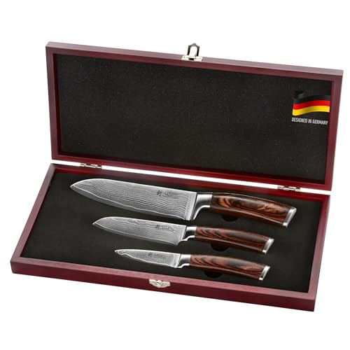 Wakoli EDIB 3-Piece Damascus Kitchen Knife Set in Wooden Gift Box – Sharp Knives Set made of Genuine Damascus Steel (VG10 Core) – Santoku, Small Santoku & Paring Knife – Ergonomic Pakkawood Handles