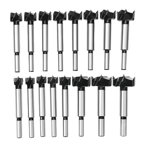 Meichoon Forstner Drill Bit Set 15-35mm 16 Pcs, Carbide Forstner Bits High Speed Steel Wood Tool Punching Bit Wood Slabs Flat Wing Drilling Hole Hinge Cemented Carbide Drilling Counterbore DC01