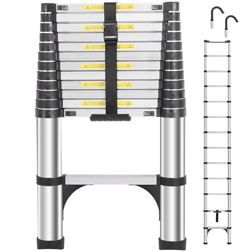 DEZEX Telescoping Ladders 16.5 FT Aluminum Ladder - One-Button Retraction Collapsible Extension Ladder for Home,RV,Attic & Loft, Lasts 330 LBS with 2 Triangle Stabilizers and 2 Detachable Hooks