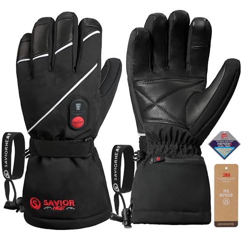 SAVIOR HEAT Heated Gloves for Men Women, 3M Rechargeable Electric Heated Leather Skiing and Snowboarding Gloves (M)