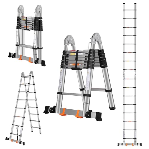 DEZEX A Frame Telescoping Ladder 16.5 FT Stainless Steel, 375lbs Capacity With Balance Bar and Movable Wheels, Multi-Purpose Collapsible for Indoor Outdoor Work