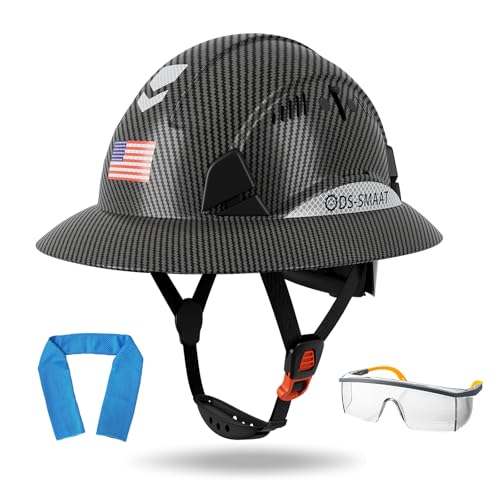 DS-SMAAT Structure Full Brim Hard Hat with Glasses and Cooling Towel Adjustable Ventilation Reflective Helmet ANSI Z89.1 Type OSHA Approved 6 Point Hanging Helmet for Industrial (Black)