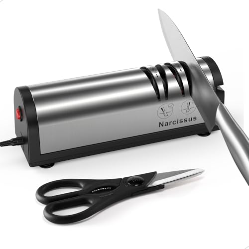 Narcissus Knife Sharpener, Professional 2 Stage Electric Knife Sharpener for Quick Sharpening & Polishing, with Scissors Sharpener and Metal Dust Collection Box, Stainless Steel, Silver