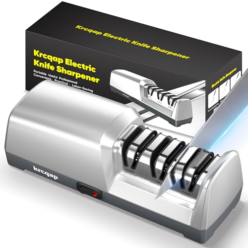 Krcqap Knife Sharpener Electric for Kitchen - Kitchen Knife Sharpener 3-Stage - 15-Degree EdgeSelect Angle - Knife Sharpeners 100% Diamond Abrasive - Fast Sharpening, Repair, Restore, Polish (Silver)