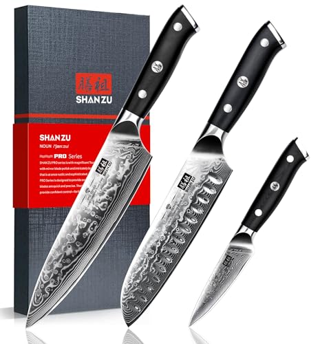 SHAN ZU Damascus Knife Set, Japanese Super Steel 3 PCS Damascus High Carbon Professional Ultra-Sharp Kitchen Chef Knife Set with G10 Handle Gift Box