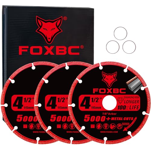 FOXBC 4-1/2 Inch Diamond Cutting Wheel Metal Cut Off for Angle Grinder, 5000+ Cuts on Rebar, Stainless Steel, Angle Iron, 7/8