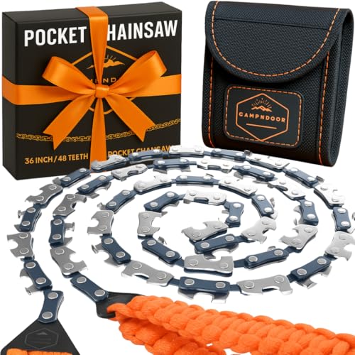 Pocket Chainsaw with Paracord Handles - Orange 65Mn Heavy Duty Steel Pocket Saw - 48 Teeth Survival Saw with Sturdy Handles and Bag - Handy Camping Gear - CAMPNDOOR Bushcraft Survival Gear