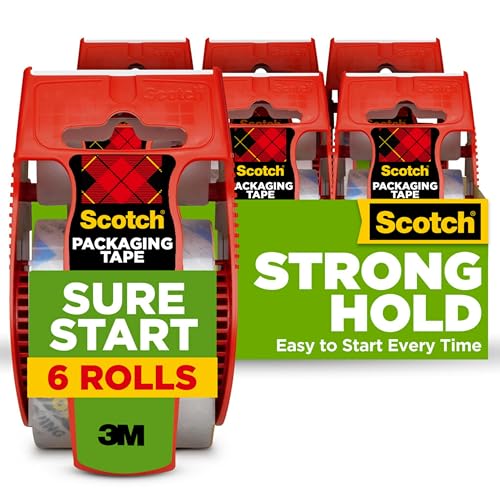 Scotch Sure Start Packing Tape, Clear, Holiday Wrapping Tape with Quiet Unwind and Easy Start, 1.88 in. x 22.2 yd., 6 Tape Rolls with Dispensers