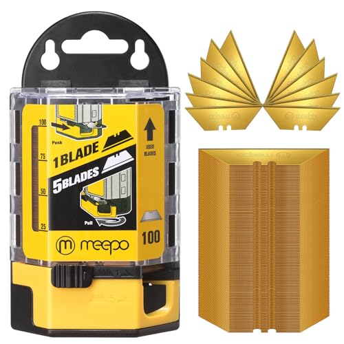 M MEEPO 100-Pack Utility Knife Blades, Titanium Fully Plated, Durable SK-2 Razor Blades for Utility Knife Box Cutter, Never Rust, Extra Durable, With 1-blade & 5-blade Dispenser