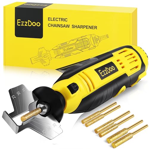 EzzDoo Electric Chainsaw Sharpener Kit with TITANIUM-COATED Diamond Bits - High-Speed Chain saw Sharpener Tool and 6 High Hardness Sharpening Wheels For All Chainsaw Chains.